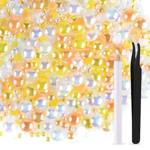 ASTARON 50g Mix Flatback Rhinestones Half Pearls for Crafts Mixed Size 3mm10mm Flat Back Rhinestones for Crafts Flatback Pearls for Decorating Tumblers Mugs Nail Art Shoes Yellow White Series