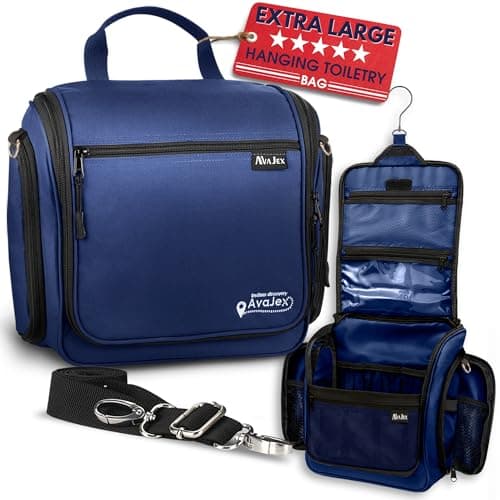 Extra Large (11.8”x11.8”x4”) Hanging Travel Toiletry Bag for Men and Women - Cosmetic Travel Bag With Shoulder Strap - Waterproof Hygiene Bag with Metal Swivel Hook and 19 Compartments for Toiletries