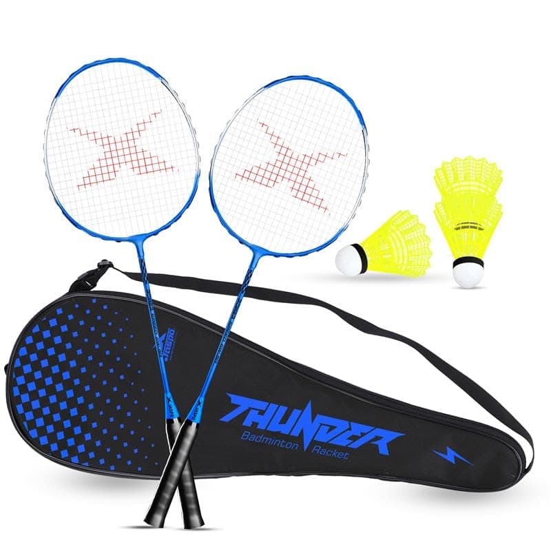 JASPO Thunder Badminton Kit,Badminton Set of Metal Alloy Rackets (Set of 2) with Full Cover Bag, 3 pcs Plastic Shuttlecocks, Ideal only for Recreational Play, Designed for Kids & Youngsters (Blue)
