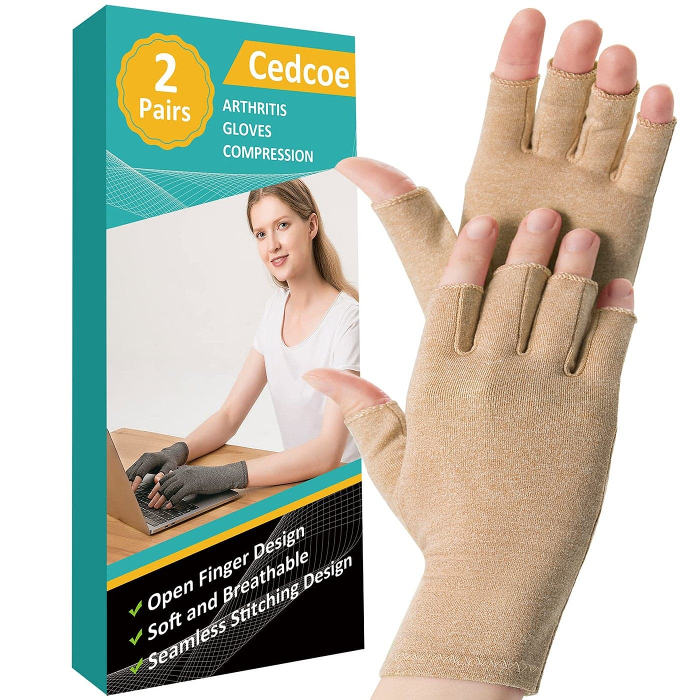 Cedcoe 2 Pairs Arthritis Gloves Fingerless Compression Gloves for Relieve Rheumatoid Arthritis Osteoarthritis Carpal Tunnel Joint Pain for Women and Men to Daily Work Coffee Small