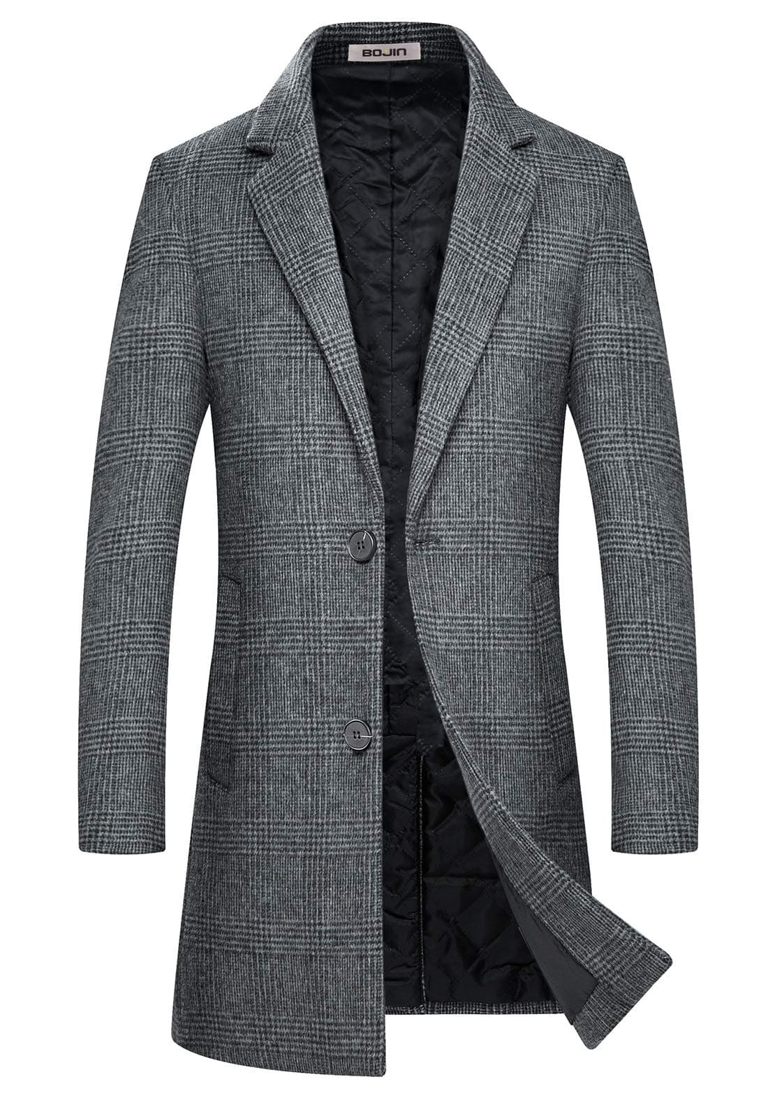 BOJIN Mens Trench Coat Wool Blend Top Pea Coat Classic Stylish Business Overcoat 1966 Grey Plaid M
