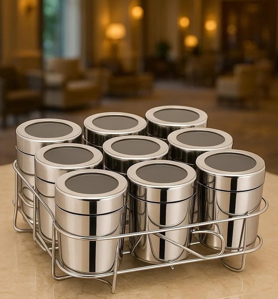 VISAXMI Steel Masala Box with See Through Lid | 9 in 1 Spice Storage Container Set with 9 Containers, 9 Spoons & Stand | Airtight Masala Jar for Kitchen Storage (175ml) Each