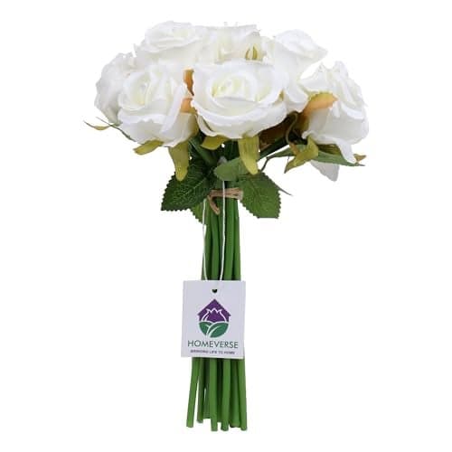 HOMEVERSE 12pcs Artificial Rose Fake Silk Plants Wedding Valentines Birthday Anniversary Christmas Mothers Day (White-12pcs)