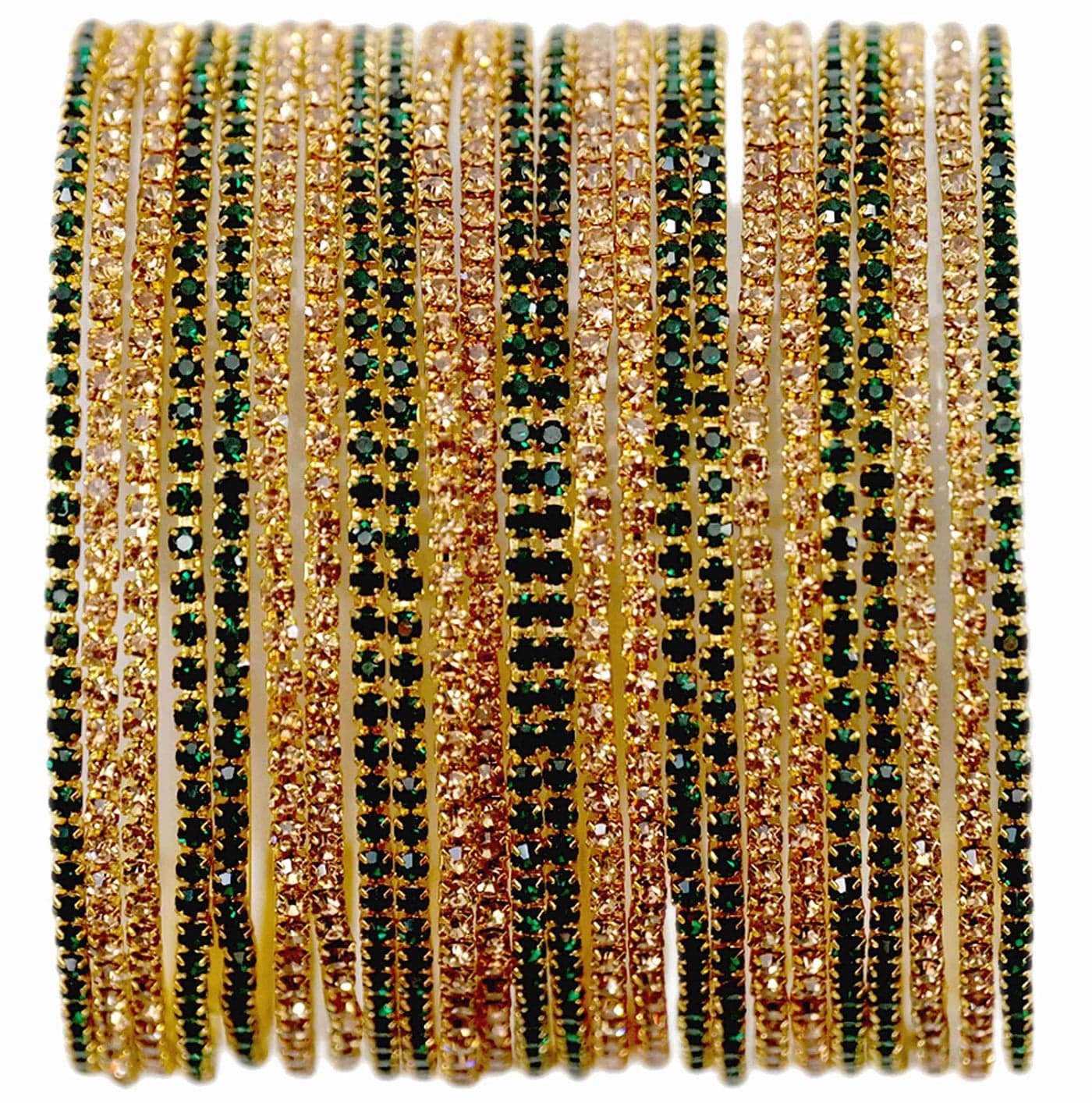 NMII Non-Precious Metal Base Metal with Zircon Gemstone Studded worked Glossy Finished Bangle Set For Women and Girls, (Gold-Green_2.4 Inches), Pack Of 24 Bangle Set