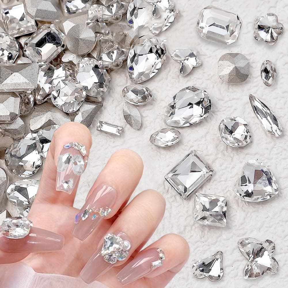 48Pcs Mix Clear White Nail Rhinestones Nail Charms,3D Heart Butterfly Nail Gems Charms for Nails Luxury Shiny Star Flower Nail Crystals Nail Charm for Women Nail Designs Nail Supplies Nail Accessories
