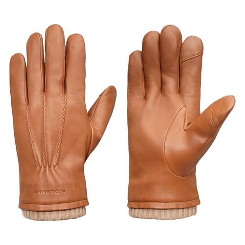 Cole Haan Premium Brown Leather Gloves for Men, Size Large, Touchscreen Thumb and Index Finger, Knit Cuff, Insulated Lining, and Three-Point Stitch