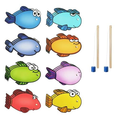 HOOJOJO Magnetic Fishing Game 24 Dry Erase Fish and 2 Wooden Toy Fishing Pole Sight Word Games Educational Toys for Kids Kindergarten Family