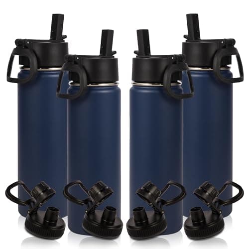 Volhoply 20oz Insulated Stainless Steel Water Bottle With Straw Lid Bulk 4 Pack,Kids Double Wall Vacuum Cups With Handle,Reusable Outdoor Sports Metal Bottles,Travel Flask Keep Cold&Hot(Navy,4)