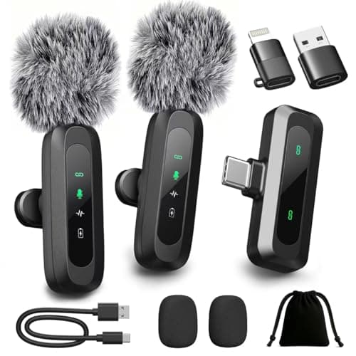 Upgraded 2 Pack Mini Clip on Microphone With LED Display Wireless Lavalier Microphone for iPhone HD Noise Cancelling Portable Lapel Mic for Recording Video Podcast Vlogg Content Creator interview