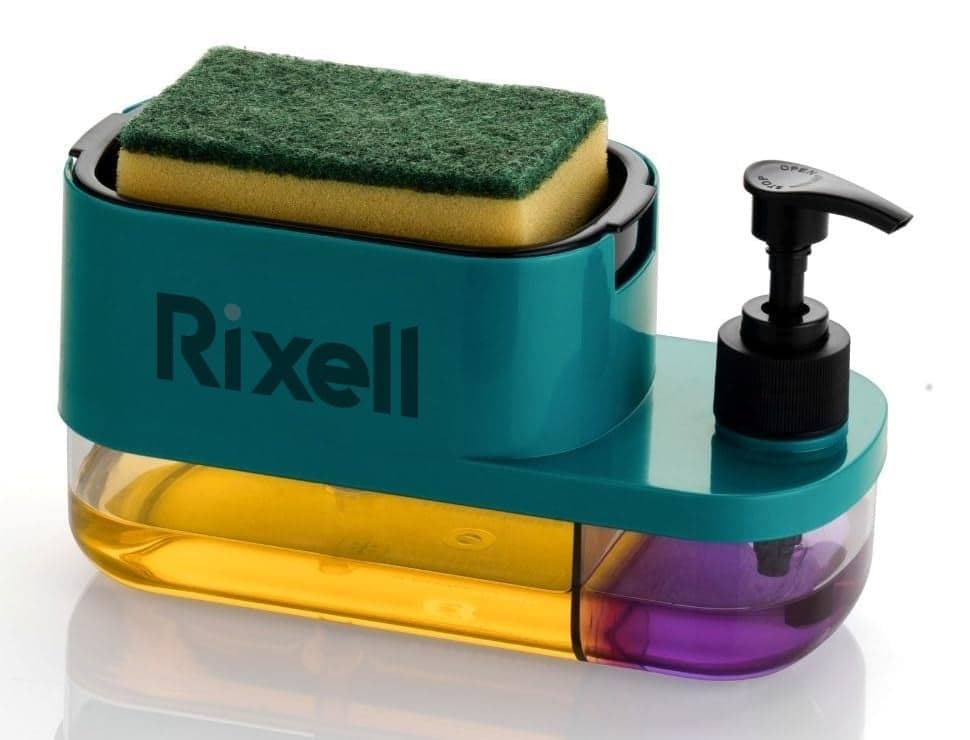 RIXELL 3-in-1 Soap Dispenser with Sponge Holder, Kitchen Sink Organiser, Countertop Pump Dispenser