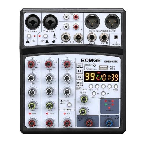 BOMGE 04D portable bluetooth 4 Channel DJ audio sound mixer mixing console with usb interface, 48V Phantom Power input, 16 Echo effects for recording, live streaming, singing (Black)