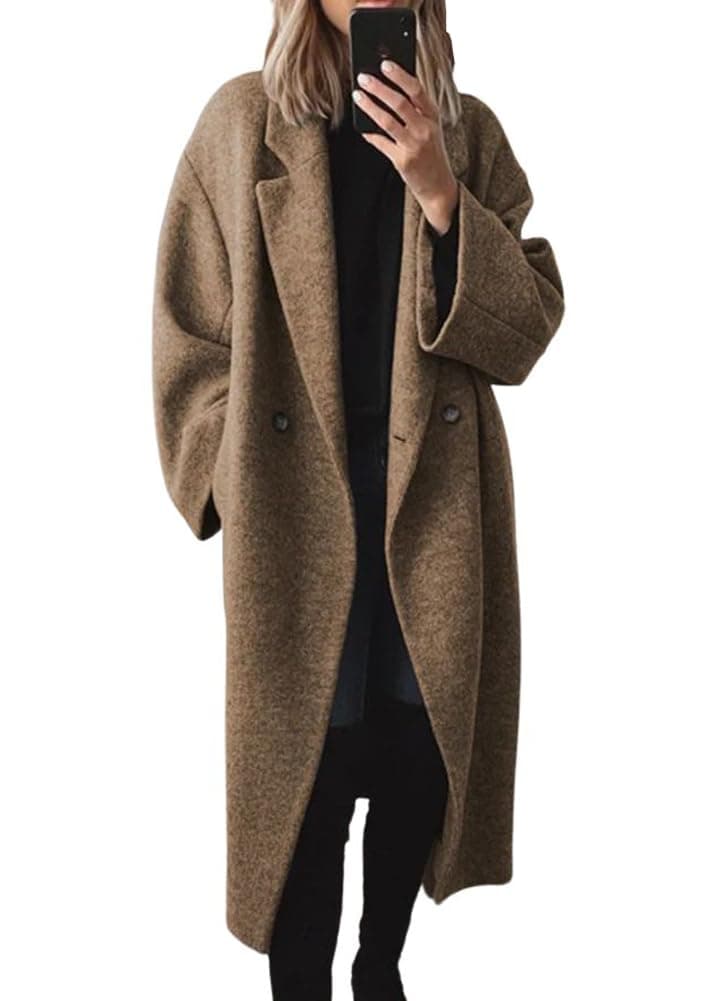 chouyatou Women's Winter Double Breasted Wool Coat Long Sleeve Notch Lapel Long Trench Coat (Small, Brown)