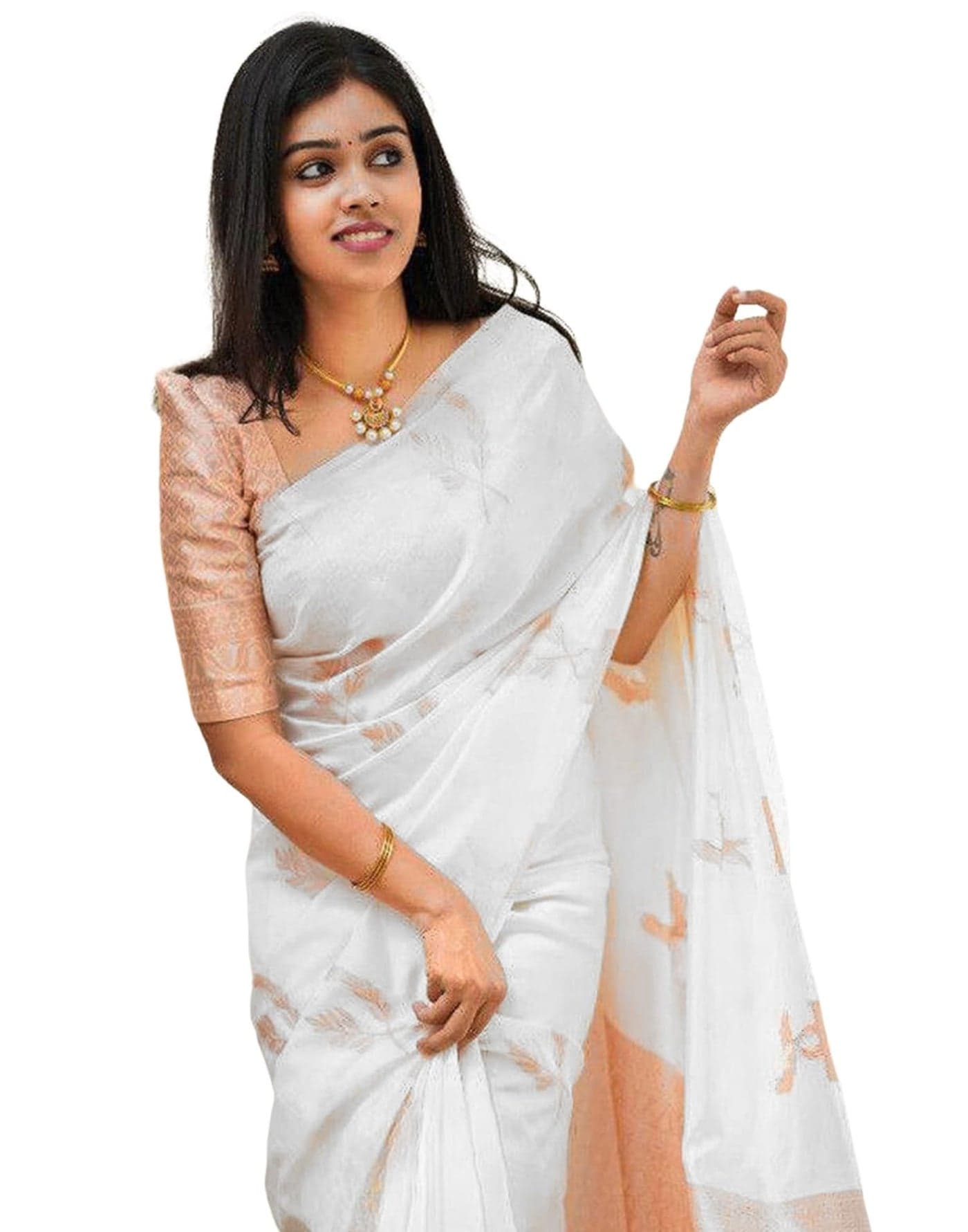 SIRIL Women's Pongal Special Banarasi Silk Saree Pure Silk Saree With Unstitched Blouse Piece (3583S343_White)