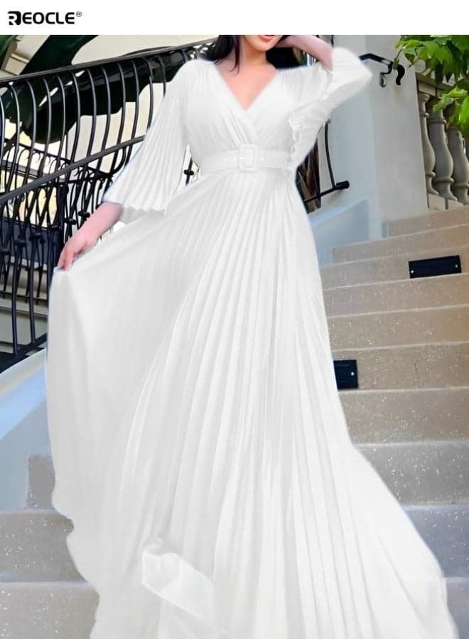 Women's Maxi Elegant V Neck Cocktail Dress Wedding Evening Pleated A Line Rocker Swing Dress with Belt