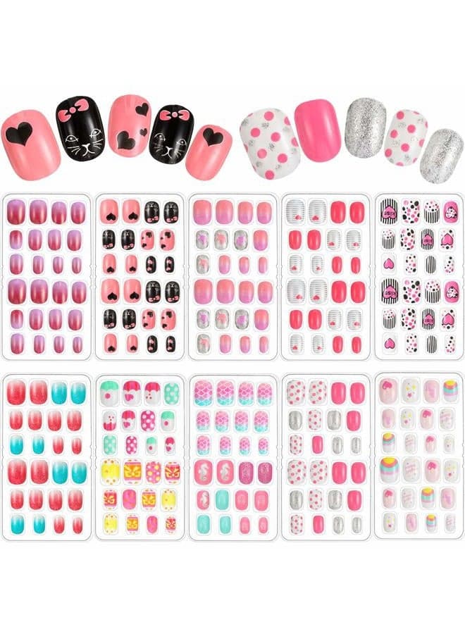 240 Pieces Children False Nails Kids Girls Press on Short Artificial Fake Nails Cute Pre Glue Full Cover Acrylic Nail Tip Kit for Children Little Girls Nail Decoration, 10 Boxes (Pink Heart)