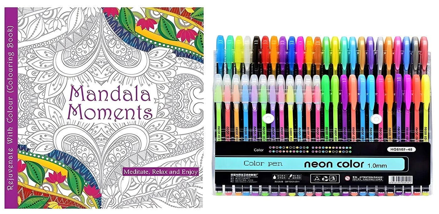 Definite Art Mandala Coloring Book with 90 Pages and Color Filling Gel Pens 1.00 MM Nib (48 Colorful Pens) for Relaxing Mind Rejuvenating Concentration Activity Practice, Multicolor