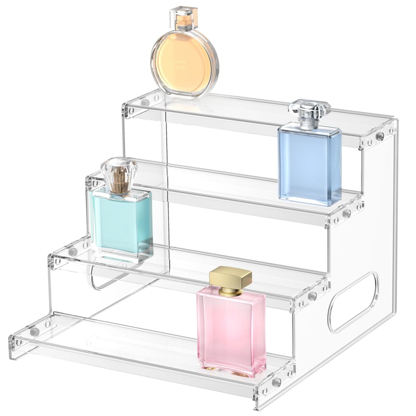Janaden Perfume Organiser Display Stand 4 Tiered Acrylic Riser Display Shelf Clear Plastic Cupcake Stands Perspex Storage Shelves for POP Figures Fragrance Makeup Cosmetic Dessert Condiment