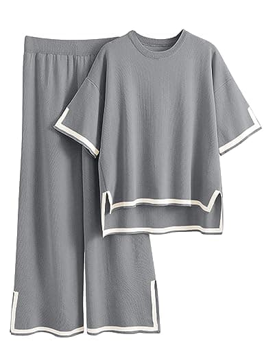 Tanming Sweater Sets Women 2 Piece Lounge Sets Short Sleeve Knit Pullover Tops Wide Leg Pants (Grey, X-Large)
