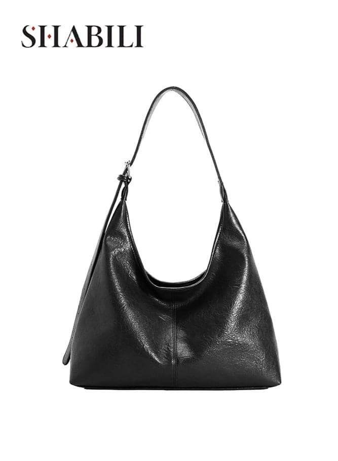 Women's Stylish Minimalist PU Shoulder Bag, Large Capacity Handbag Tote Bags Ladies Satchel Bag Soft Messenger Bag with Adjustable Strap and Zipper for Daily Commuting Shopping Office Use (Black)