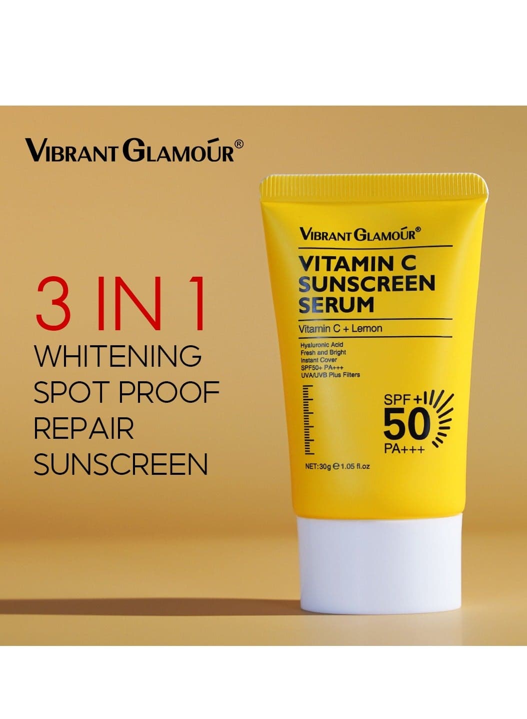 Vibrant Glamour Vitamin C Sunscreen Serum SPF 50 – 30g | Brightening & Anti-Aging UV Protection for Face