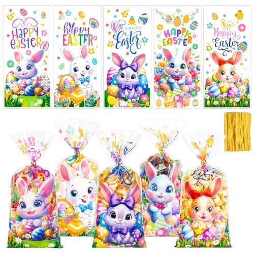 GIFOHAPY 100 PCS Easter Treat Bags with 120 pcs Twist Ties 5 Style Cellophane Candy Bags for Kids Sturdy Colorful Cellophane Cookie Goody Party Favor Bags for Easter Party Supply