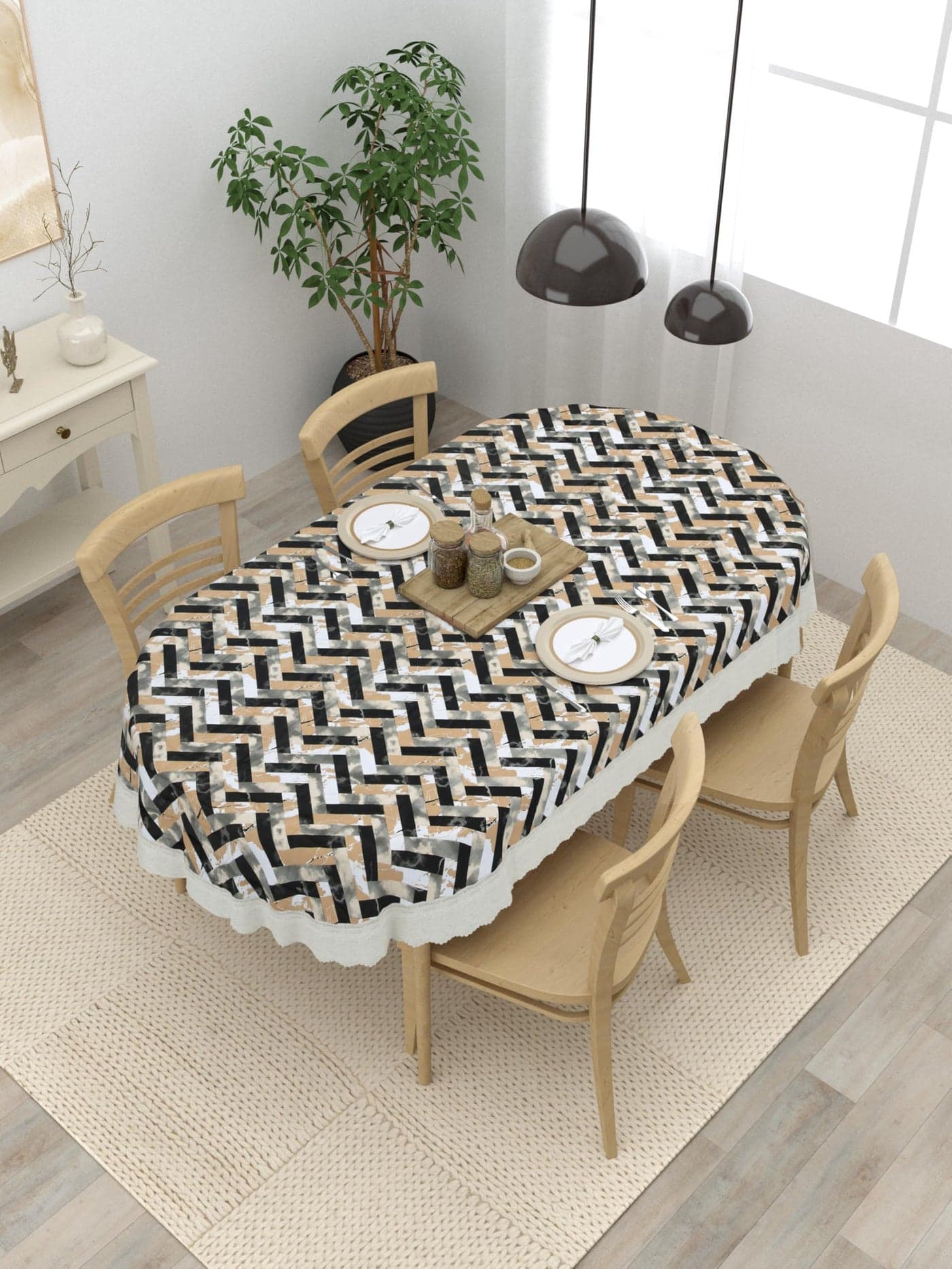 Clasiko 4 Seater Oval Dining Table Cover; 54x78 Inches or 137x198 Cms; Material - PVC; Anti Slip; Beige Black Zigzag