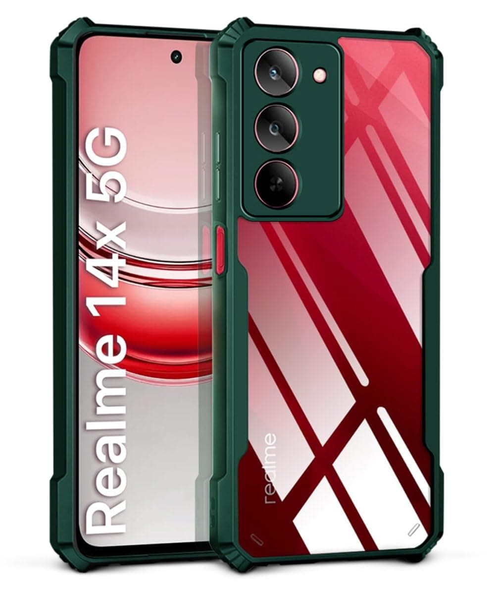 WOW IMAGINE PC,TPU Shock Proof Clear Protective Back Case For Realme 14X 5G|Realme Narzo 80X|P3X-Airedge Technology|360 Degree Camera Protection|Transparent Hybrid Back Case Mobile Cover-Green