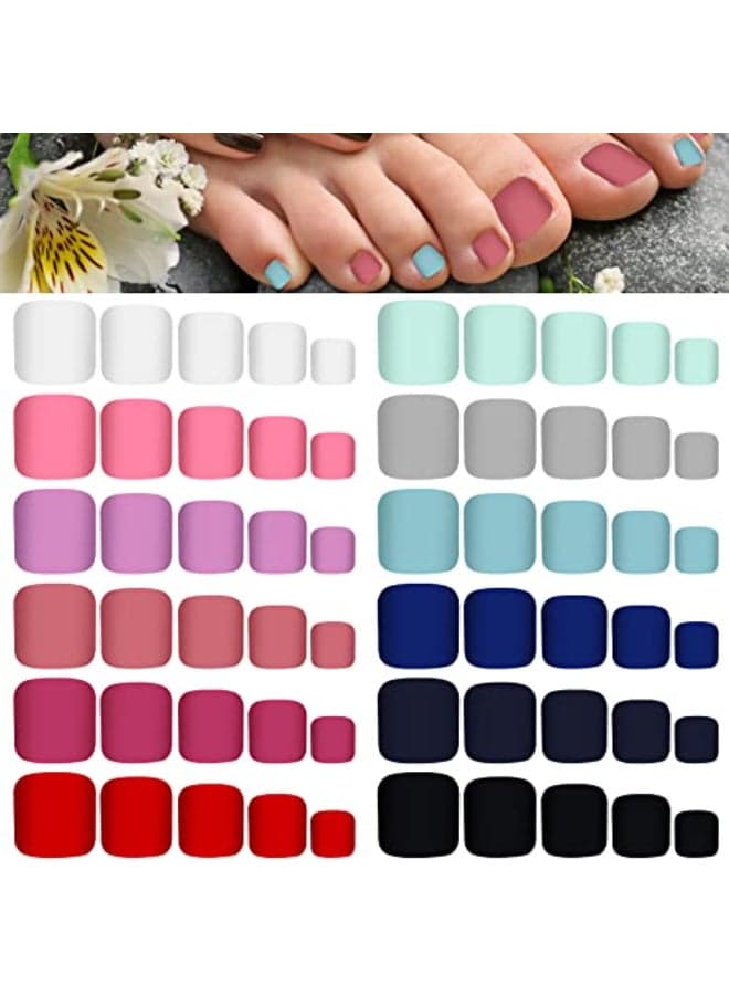 Maitys 336 Pieces 12 Sets Toenail Press on Fake Toe Nails Short Square False Glue on Solid Color Full Cover Press Nails Matte Fake Toenails for WomenModern Colors