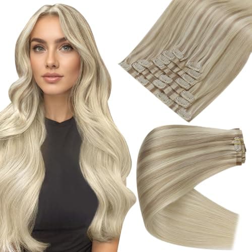 Full Shine Real Hair Extensions Clip in Human Hair Balayage Clip in Hair Extensions Blonde Human Hair Ash Blonde Mix Platinum Blonde Seamless Hair Extension Clip ins for Women 16 Inch 8 PCS 120 G