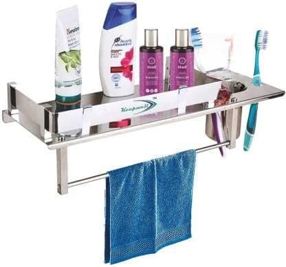 KEEPWELL Stainless Steel 3 in 1 Multipurpose Bathroom Shelf/Towel Rack/Towel Hanger/Tumbler Holder/Towel Rod/Bathroom Accessories (15 x 5 Inches)