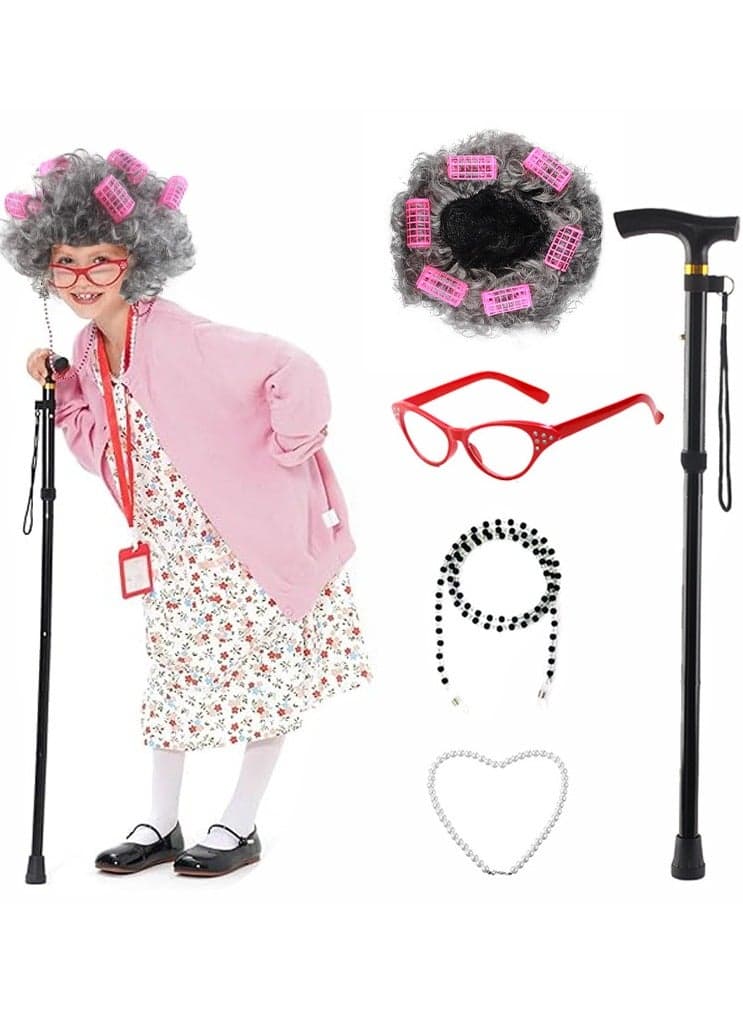 5pcs Old Lady Costume for Kids - Granny Wig, Glasses, Accessories for Grandma Dress Up, 100 Days of School Costume for Girls, Halloween or Theme Party