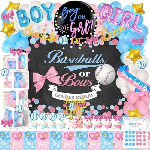 Hombae Baseball or Bows Gender Reveal Decorations 171 PCs Boy or Girl Gender Reveal Decorations Backdrop Balloon Garland Banner Tablecloth Cake Cupcake Topper Box Cutout Poster Sash Pink Blue