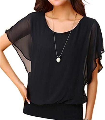 VIISHOW Women Chiffon Blouse Round Neck Short Sleeve Top Shirts Black S