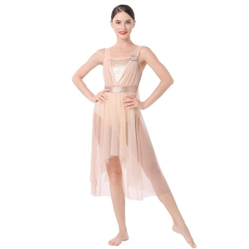 ODASDO Women Lyrical Dance Costumes Modern Contemporary Dancewear Shiny Sequins Spaghetti Strap Mesh Tulle High Low Dress Ballet Leotard Stage Performance Ballroom Cha Cha Clothes Champagne L