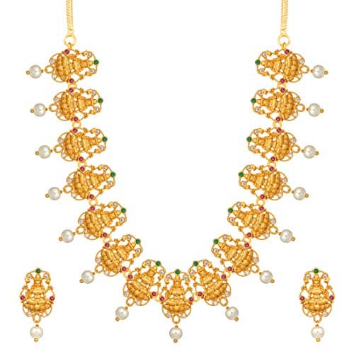 Aheli South Indian Style Laxmi Goddess Design Crafted Necklace Earrings Set Traditional Wedding Wear Temple Jewelry Gift for Women