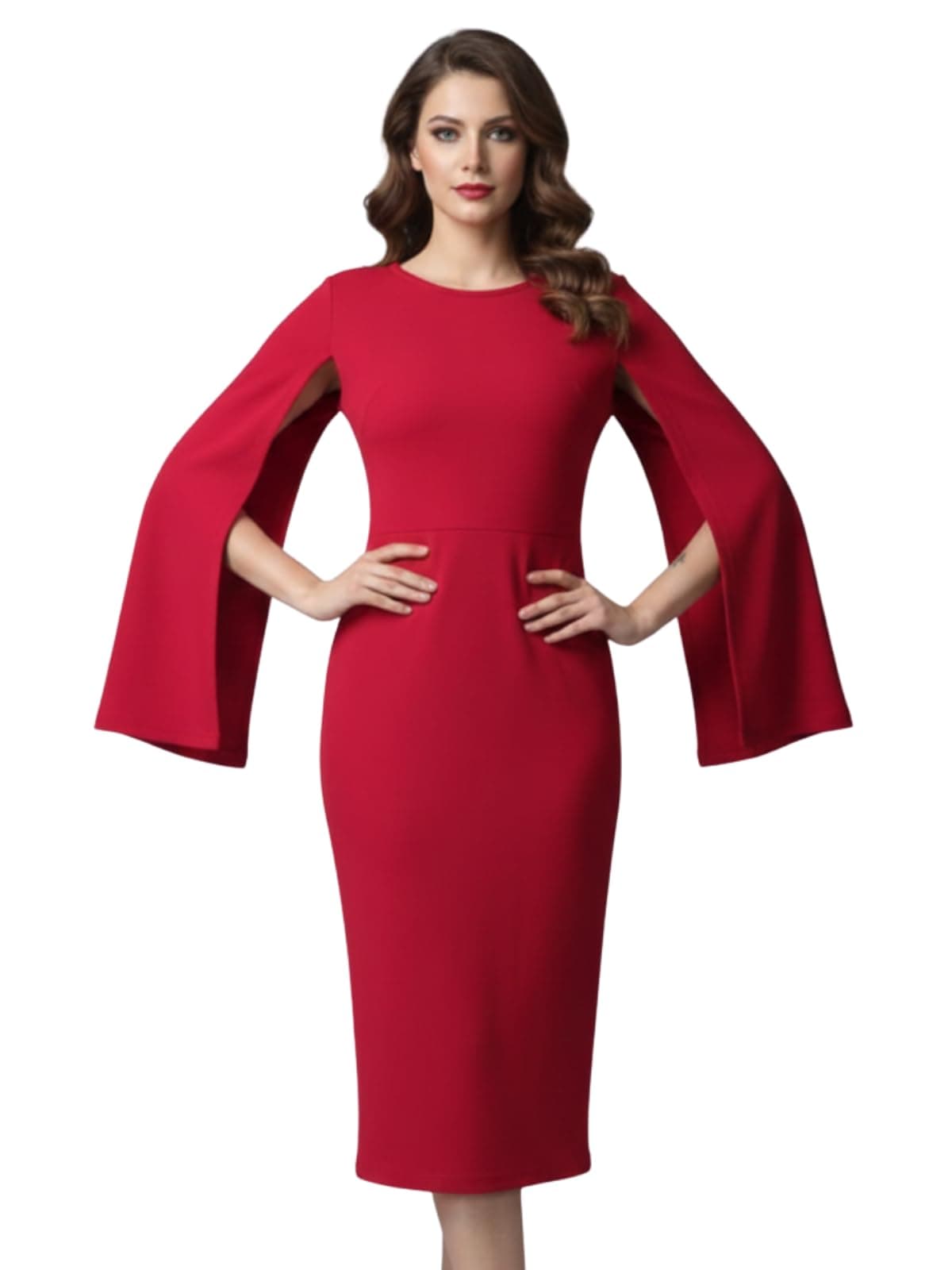 GRECIILOOKS One-Piece Below The Knee Bodycon Dress for Women (Gl-Wd1174-Medium-Red)