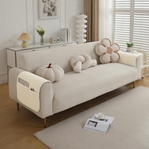HOKIPO Polyester Waterproof + Anti-Slip + Quick Dry Sofa Armrest Cover with Pockets (2Pcs), Cream (AR-5280-CRM*2-L)