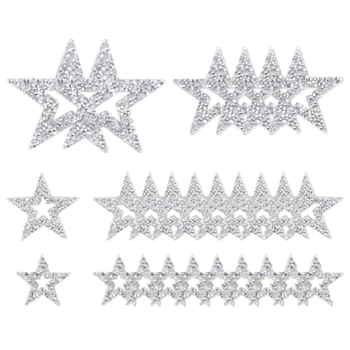 BEUNITONE 26pcs Star Iron on Patches 4 Sizes Rhinestone Adhesive Crystal Star Patches Glitter Embroidered Patches Applique for DIY Clothes Dress Pants Hats Jeans Shoes Bags