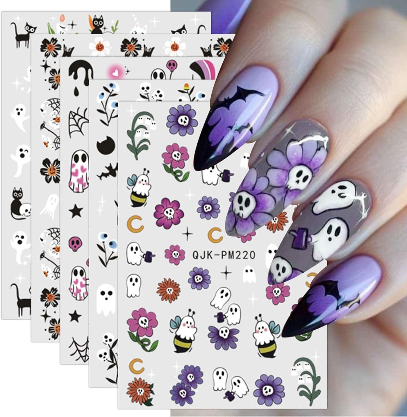 JMEOWIO 9 Sheets Halloween Nail Art Stickers Decals SelfAdhesive Cute Flower Ghost Nail Supplies Nail Art Design Decoration Accessories