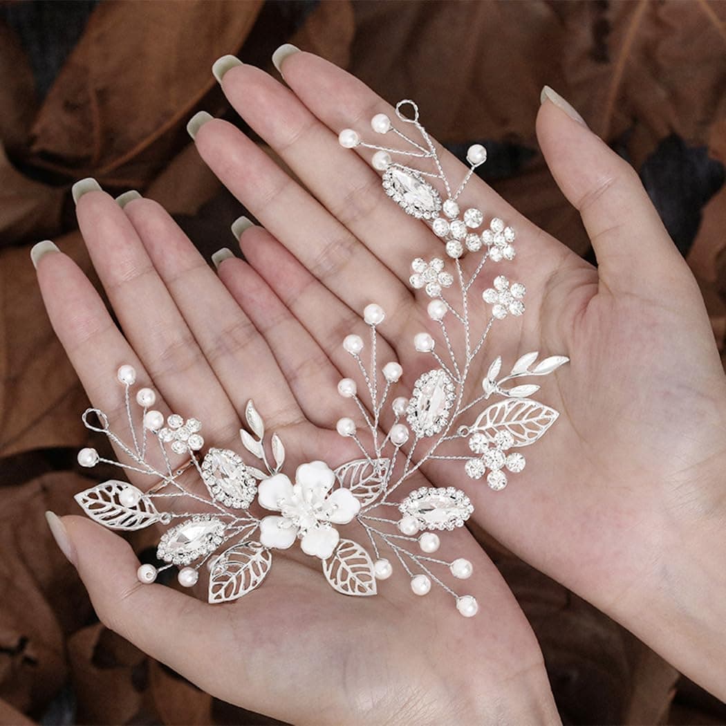 JONKY Flower Bride Hair Vine Silver Bridal Hair Vines Leaf Pearl Hair Piece Wedding Hair Accessories for Women