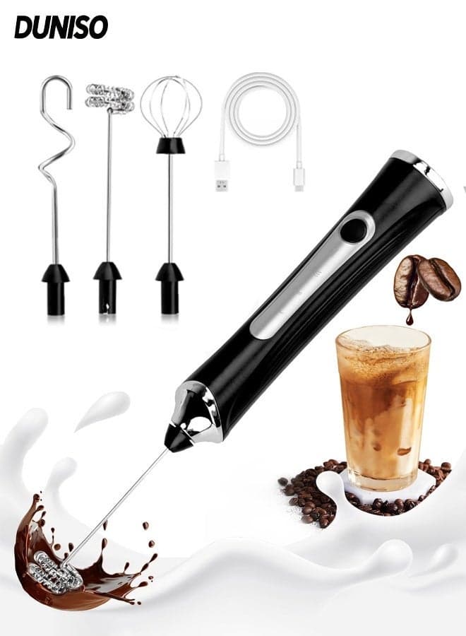 Handheld Foam Maker, Upgraded Rechargeable Electric Foam Maker, Drink Mixer with 3 Stainless Whisks,Suitable for Latte, Hot Chocolate, Egg (Black)