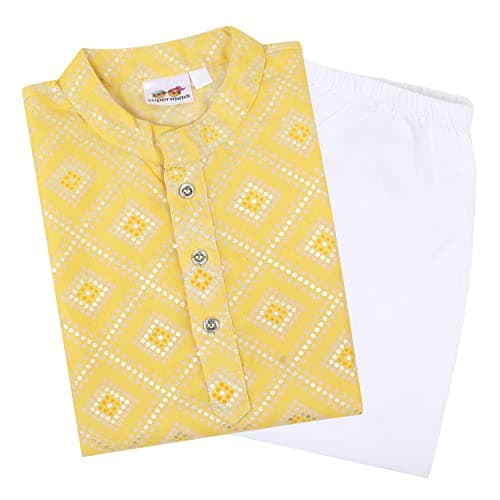 superminis Boys Silver Foil Printed Cotton Kurta Set, Round Collar, Full Sleeves With White Pyjama (Yellow, 5-6 Years)