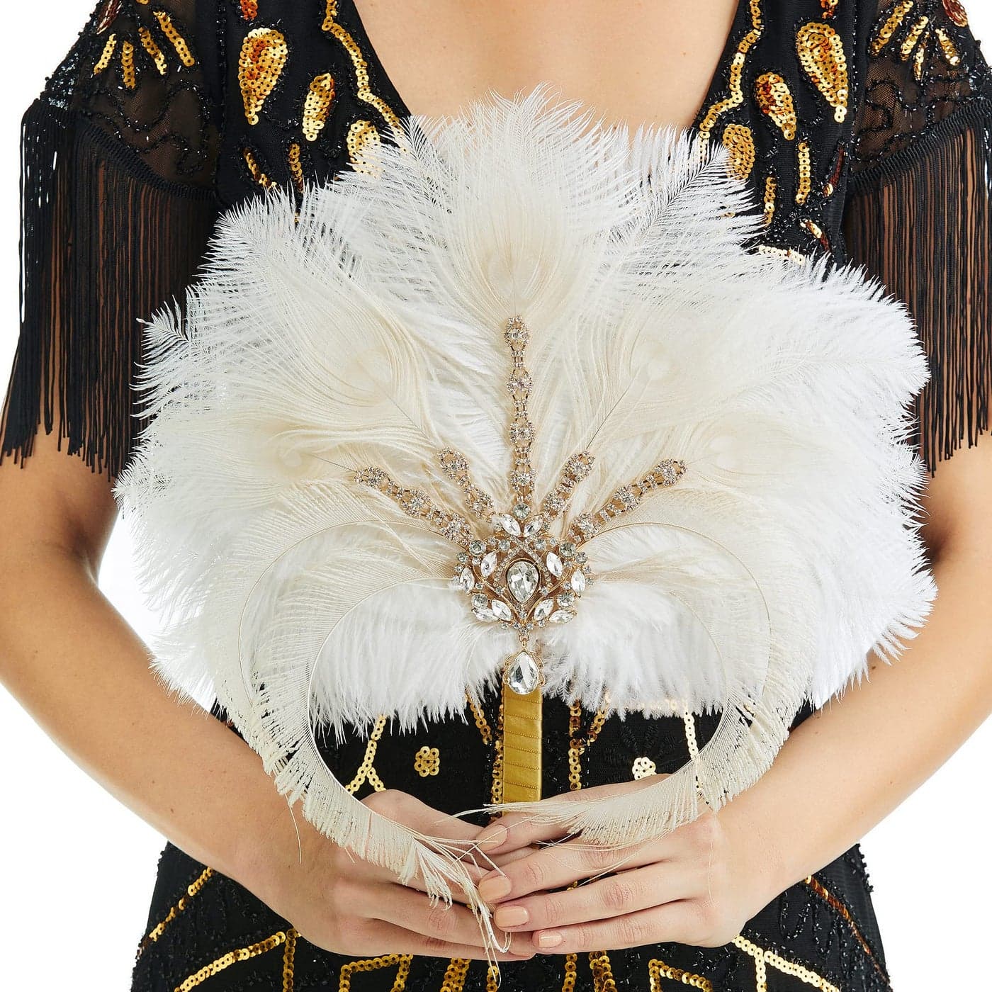BABEYOND Vintage 1920s Bridal Feather Bouquet Crystal Bridesmaid Bouquet 20s Gatsby Wedding Bouquet Beige