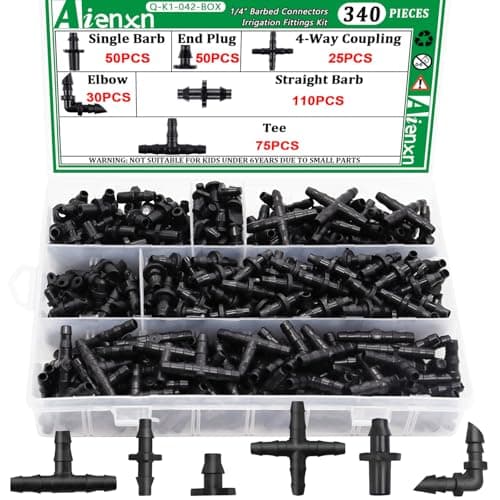 Aienxn 340PCS 1/4" Drip Irrigation Kit Barbed Connectors, Straight Barb, Tee, Single Barb, End Plug, Elbow, 4 Way Coupling Irrigation Fittings for Garden Lawn Flower Pot