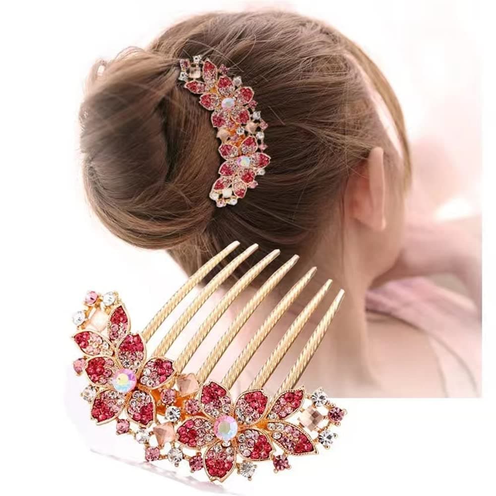 Aimimier Crystal Inlaid French Flower Hair Comb Sparkly Rhinestone Gem Side Combs Long Teeth Hair Pins Styling Hair Accessories for Women GirlsPink