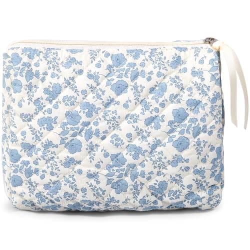 Sminra Large Travel Makeup Bag - Quilted Cotton Cosmetic Organizer with Zipper, Cute Coquette Floral Aesthetic Toiletry Pouch Gift for Women (Blue Floral)