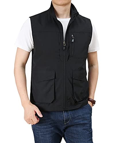 Hixiaohe Men's Casual Lightweight Outdoor Vest Work Fish Photo Travel Golf Vest Zip up Sleeveless Jacket with Pockets(08 Black,XL)