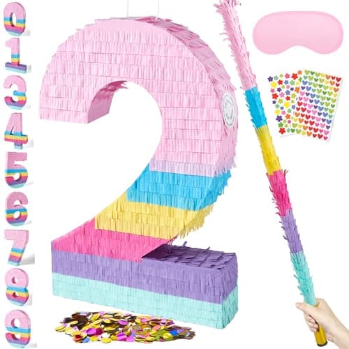 PCFING 20 Inch Number 2 Piata Candy Color with 30 Inch Piata Stick Blindfold Confetti for Boys Girls Adults Birthday Party Decorations Anniversary Celebration Fiesta