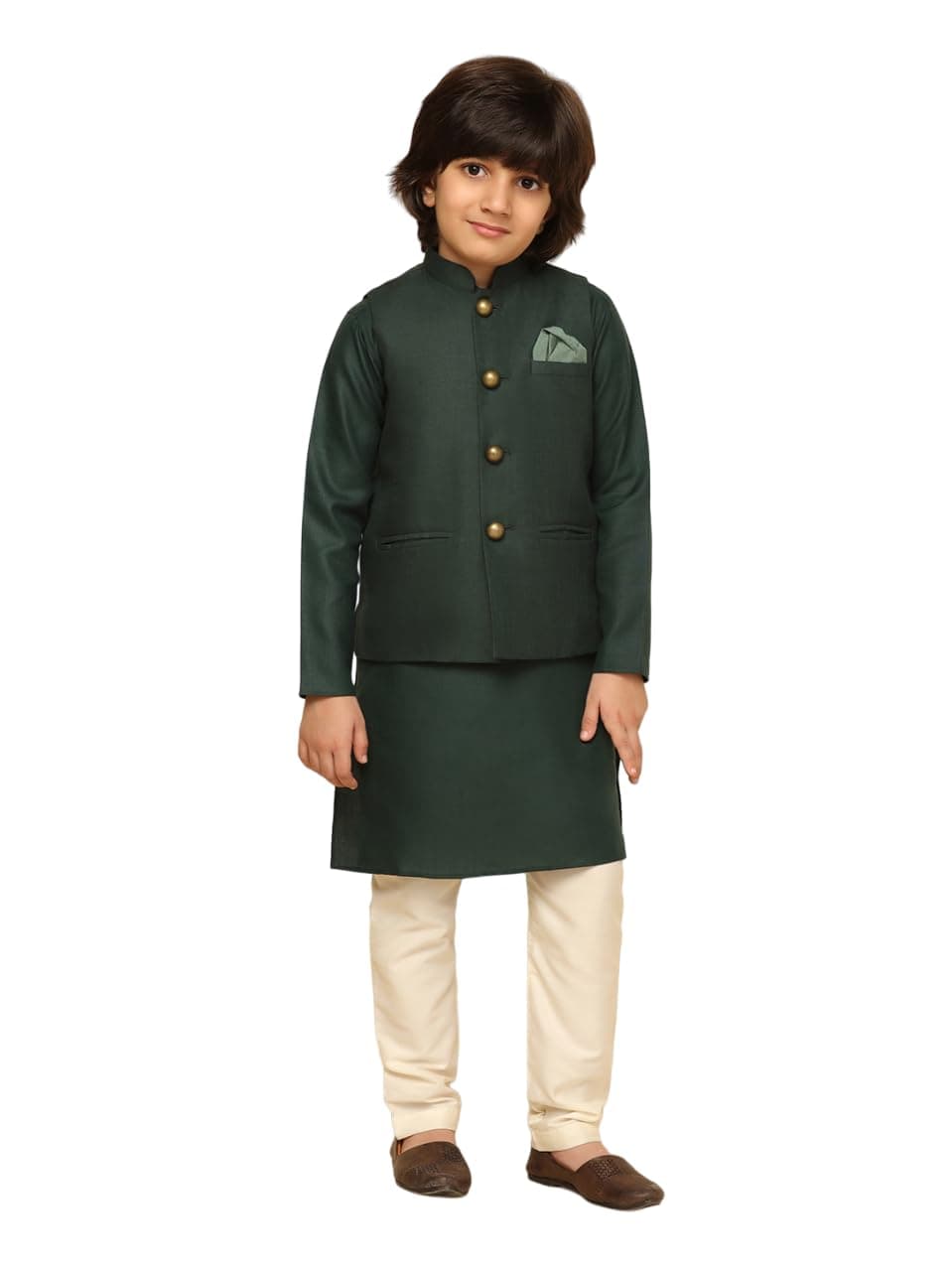 KISAH Boy's Cotton Blend Regular Fit Solid Green Kurta Jacket Pyjama Set (11-12Y)