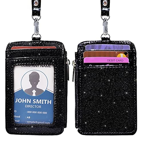 Leamekor ID Badge Holder with Neck Lanyard PU Leather ID Badge Wallet Case with 1 ID Window, 4 Card Slots, 1 Side Zipper Pocket (Glitter Black)